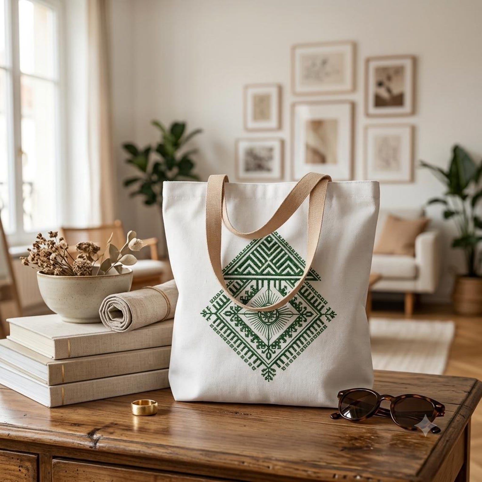 Berber Geometric Pattern Canvas Tote Bag With Motif