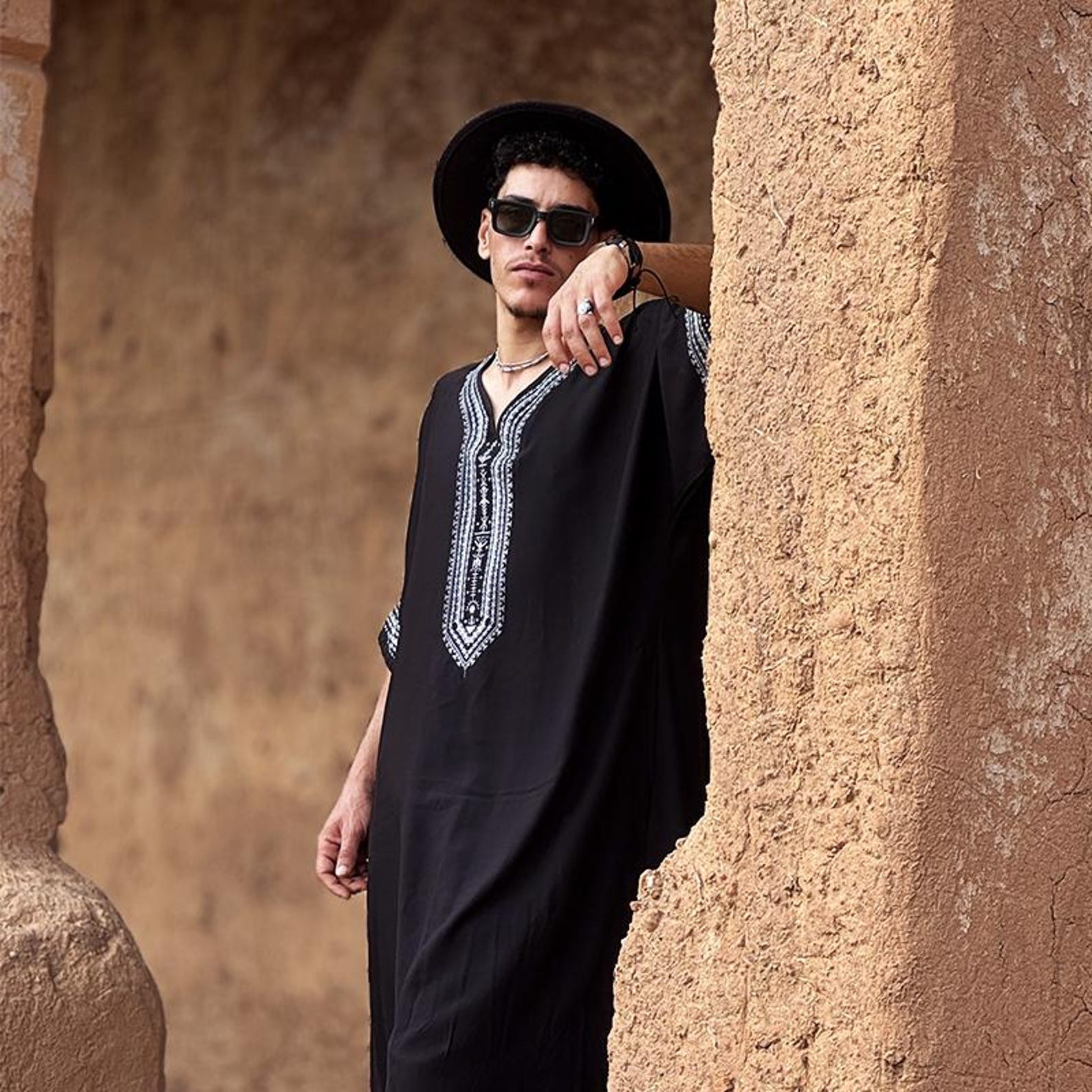 Berber Men Handmade Cotton Screen Printed Gandora Kaftan