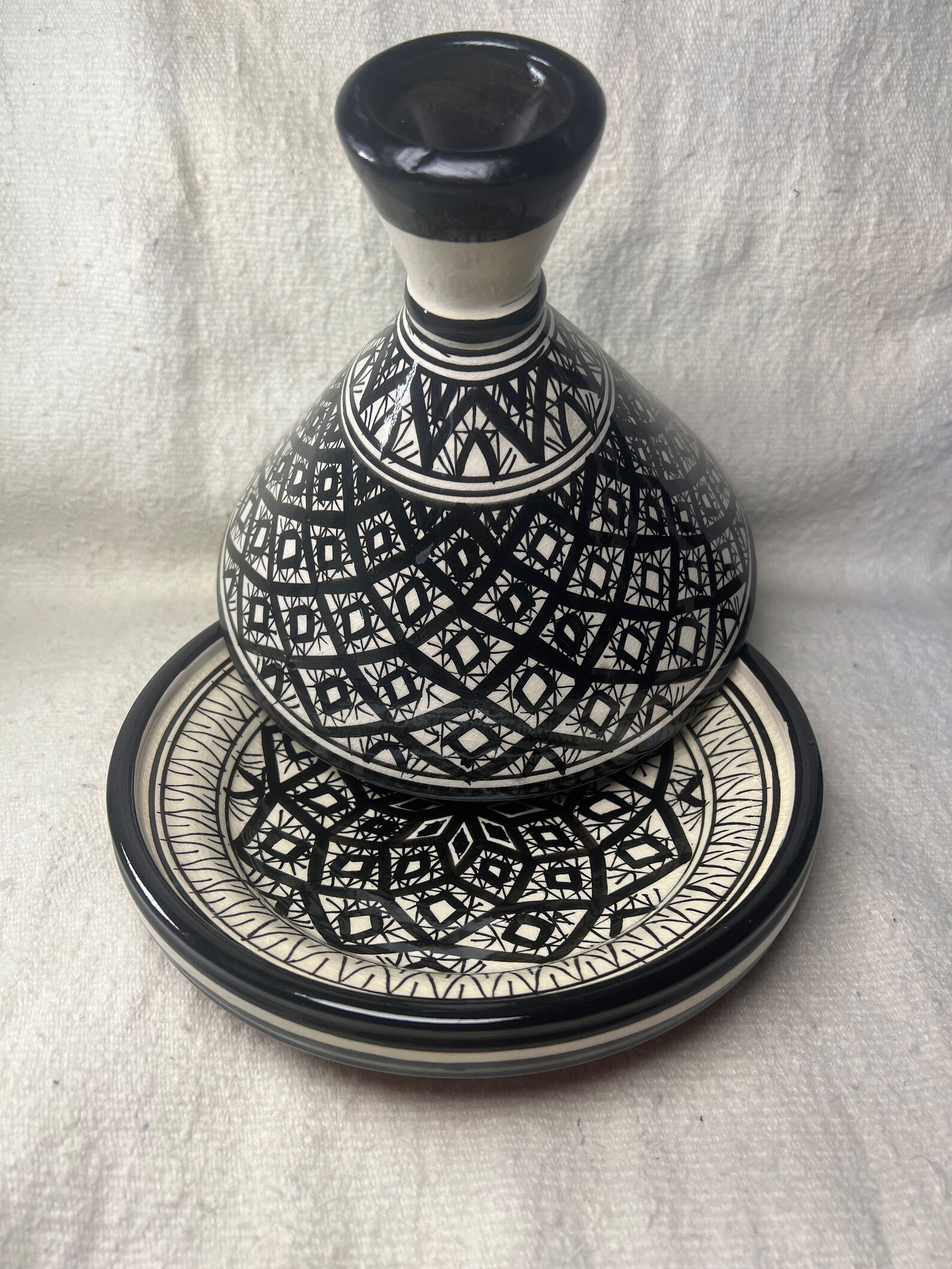 Amazigh handmade ceramic White Black tagine serving table