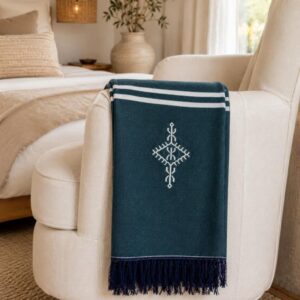 Amazigh Deep Teal Cotton Bedspread Handmade White Blanket