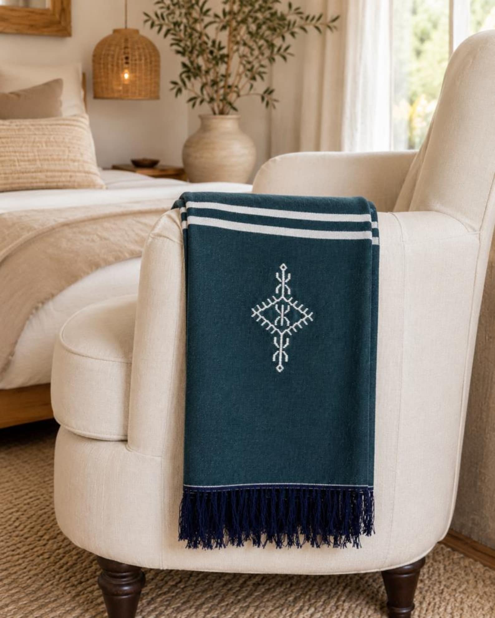 Amazigh Deep Teal Cotton Bedspread Handmade White Blanket