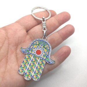Amazigh Kabyle Khamsa Enameled Silver-Tone Alloy Keychain with Steel Ring
