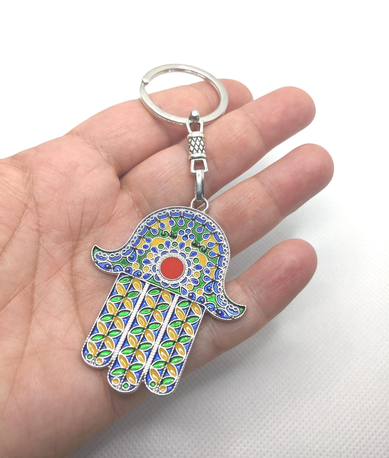 Amazigh Kabyle Khamsa Enameled Silver-Tone Alloy Keychain with Steel Ring