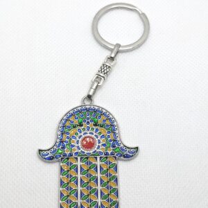 Amazigh Kabyle Khamsa Enameled Silver-Tone Alloy Keychain with Steel Ring