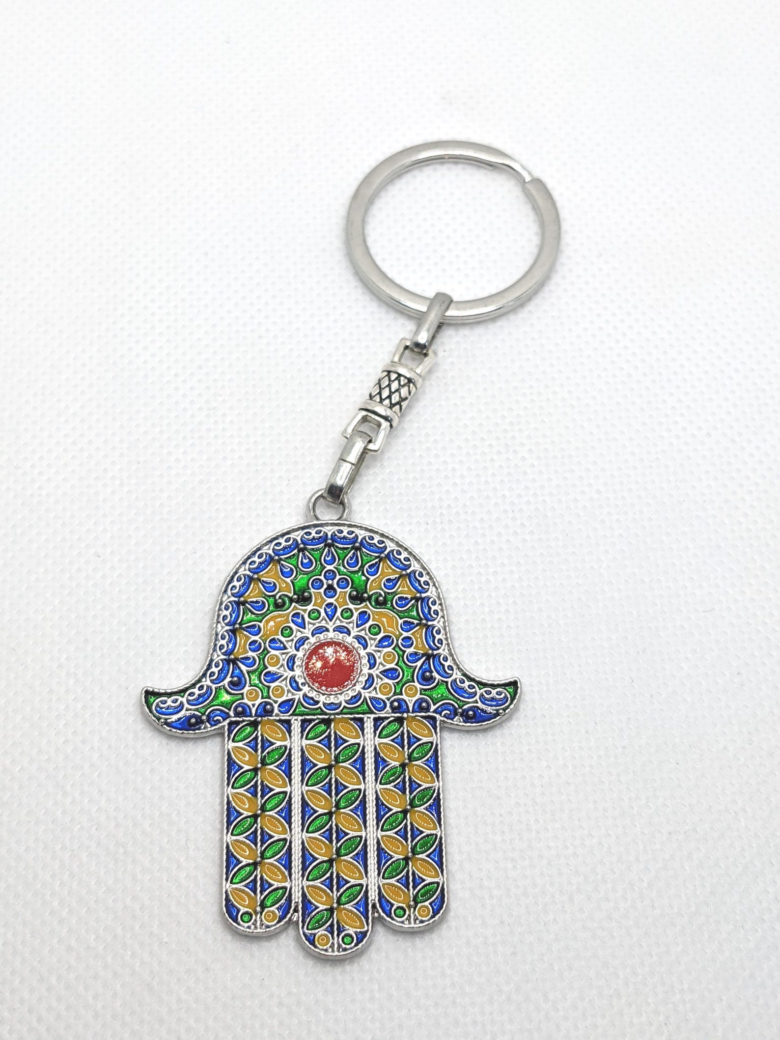 Amazigh Kabyle Khamsa Enameled Silver-Tone Alloy Keychain with Steel Ring