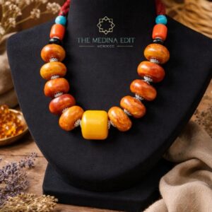 Traditional Amazigh Atlas Necklace with Orange Honey and Turquoise Beads