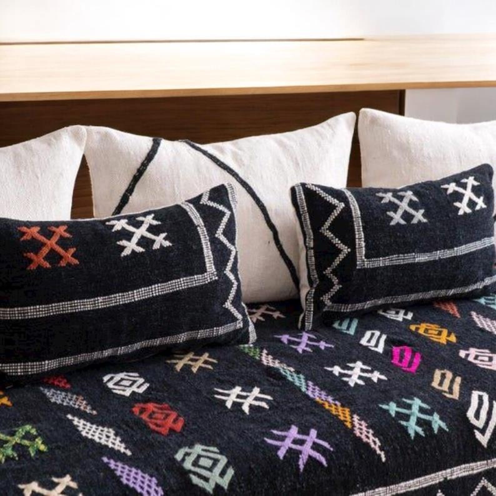 Black Amazigh Hanbel Floor Sofa Colorful Symbol Seating Pouf