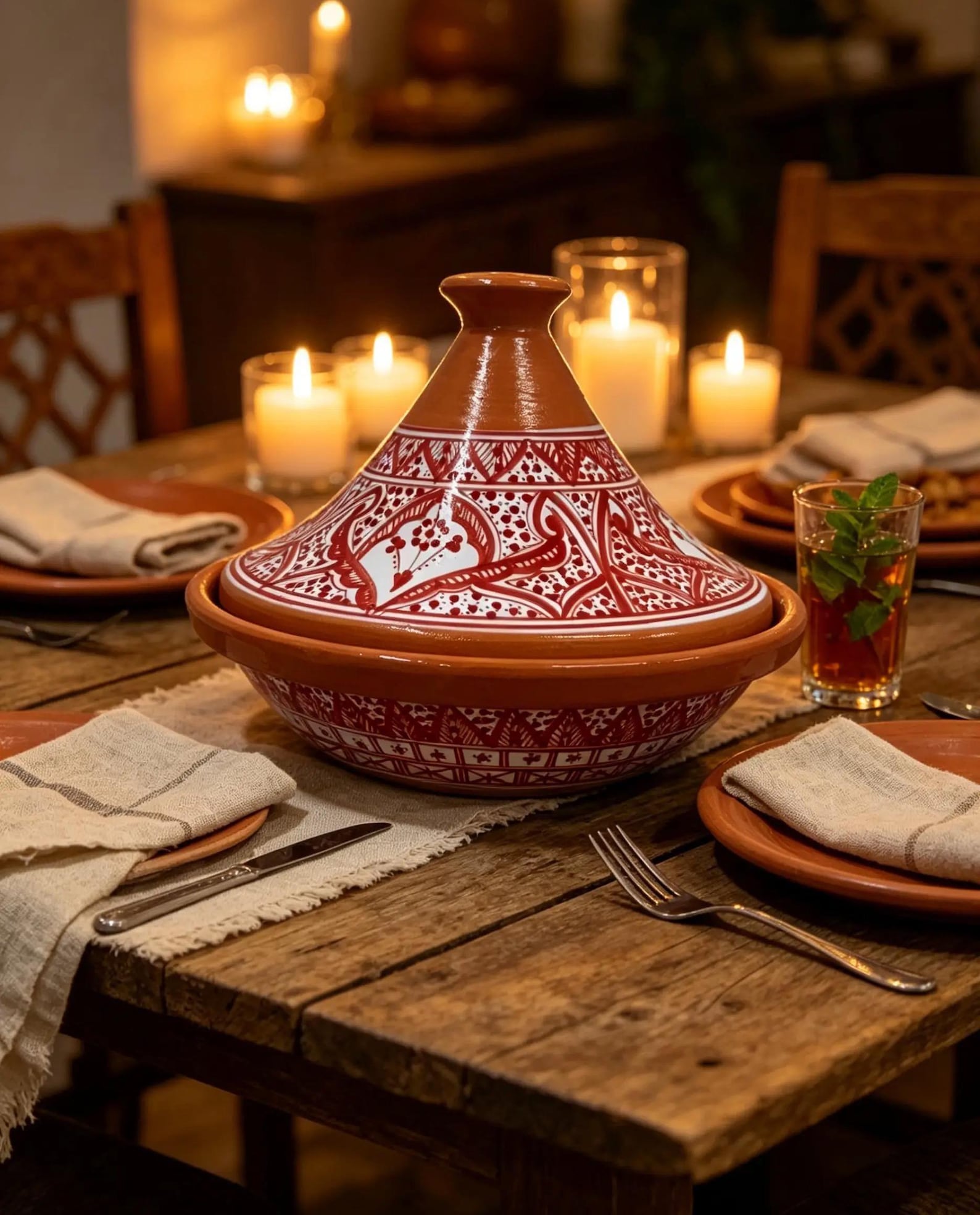 Amazigh Hand-Painted Pink Ceramic Cooking Flame-Proof Tagine 30cm