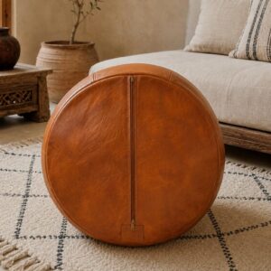 Berber Leather Handmade Cognac Round Ottoman Unstuffed Pouf
