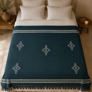 Amazigh Deep Teal Cotton Bedspread Handmade White Blanket