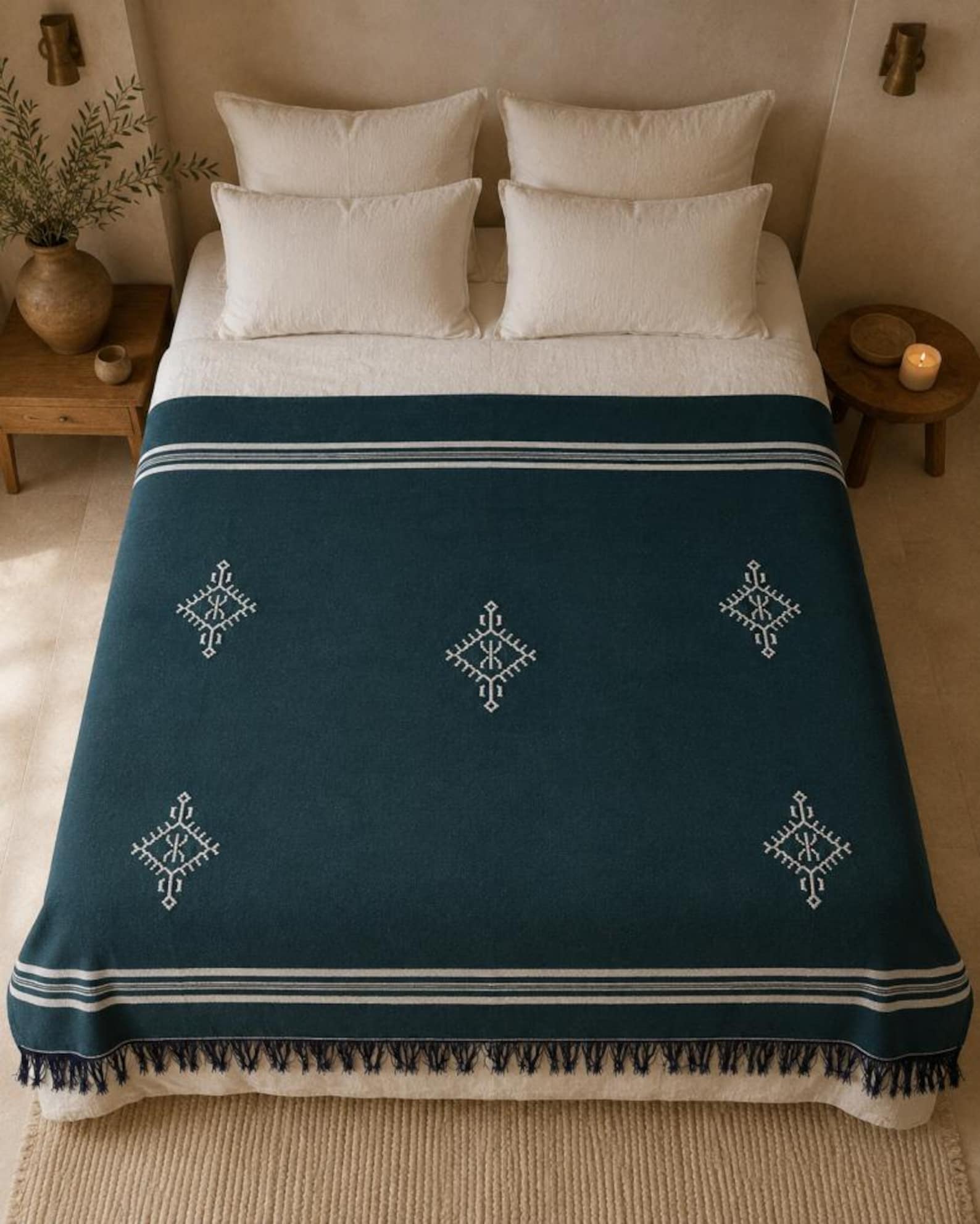 Amazigh Deep Teal Cotton Bedspread Handmade White Blanket