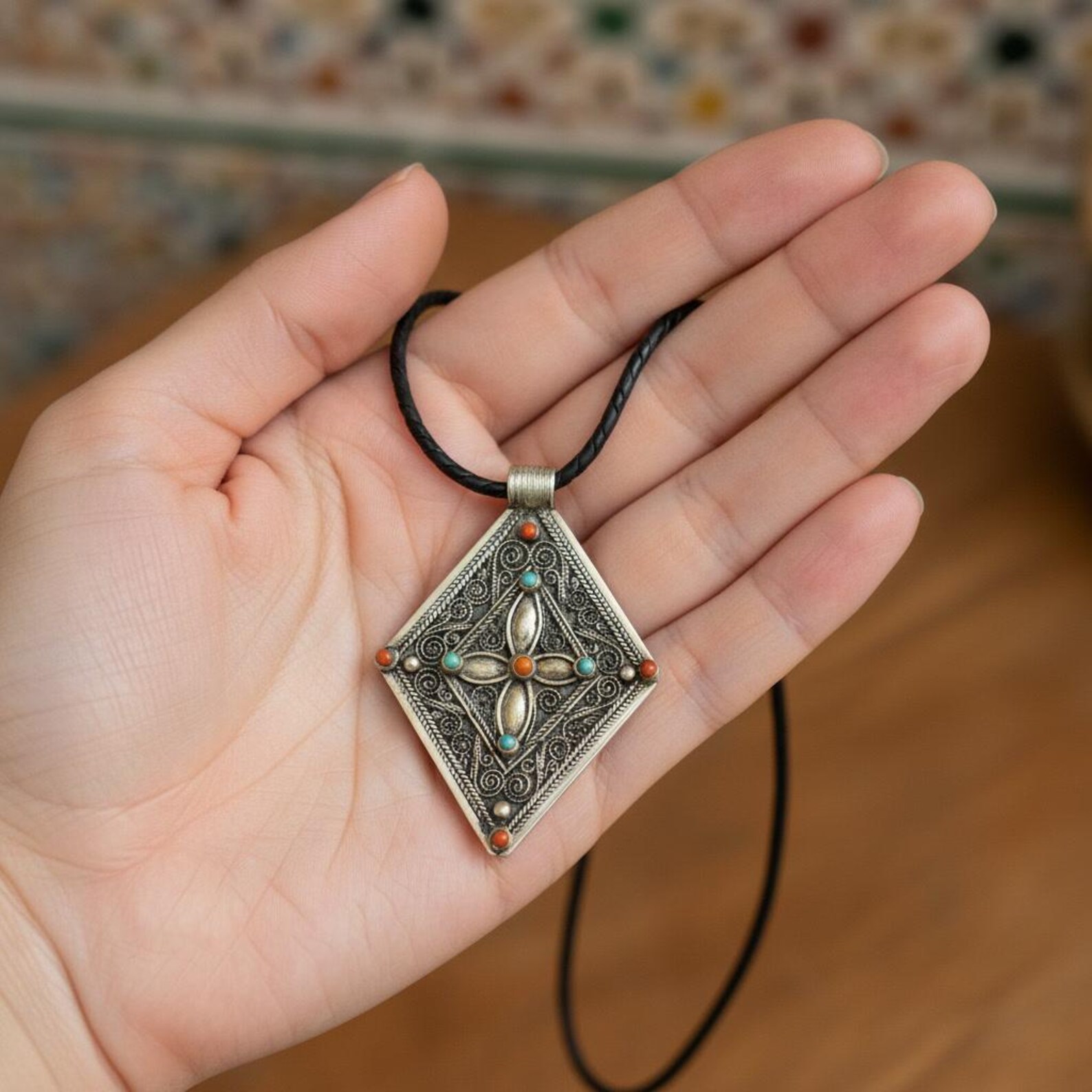 Amazigh Silver Pendant Coral Stone Handmade Jewelry Necklace