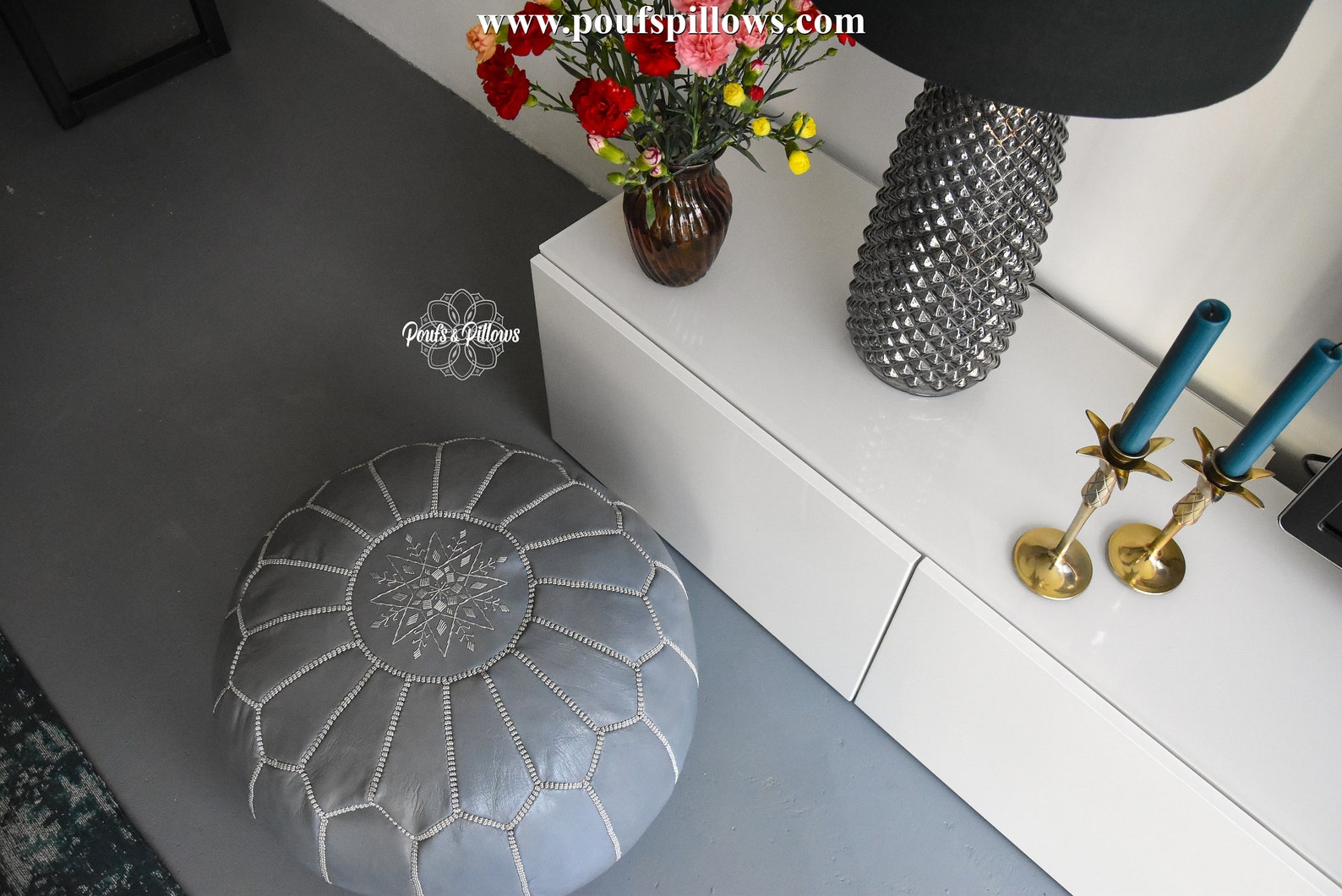 Berber Leather Grey Delivered stuffed Ottoman pouffe Pouf