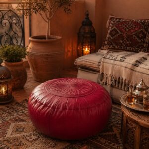 Amazigh Dark Red Leather Round Boho Floor Pouf