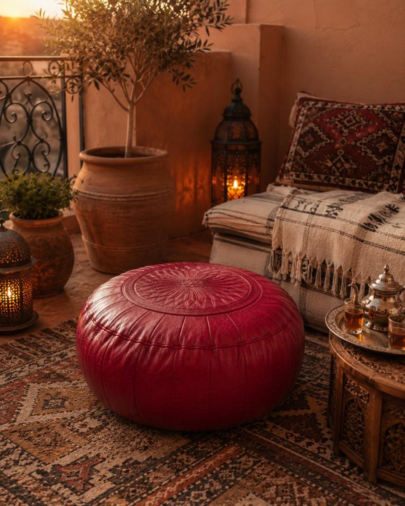 Amazigh Dark Red Leather Round Boho Floor Pouf