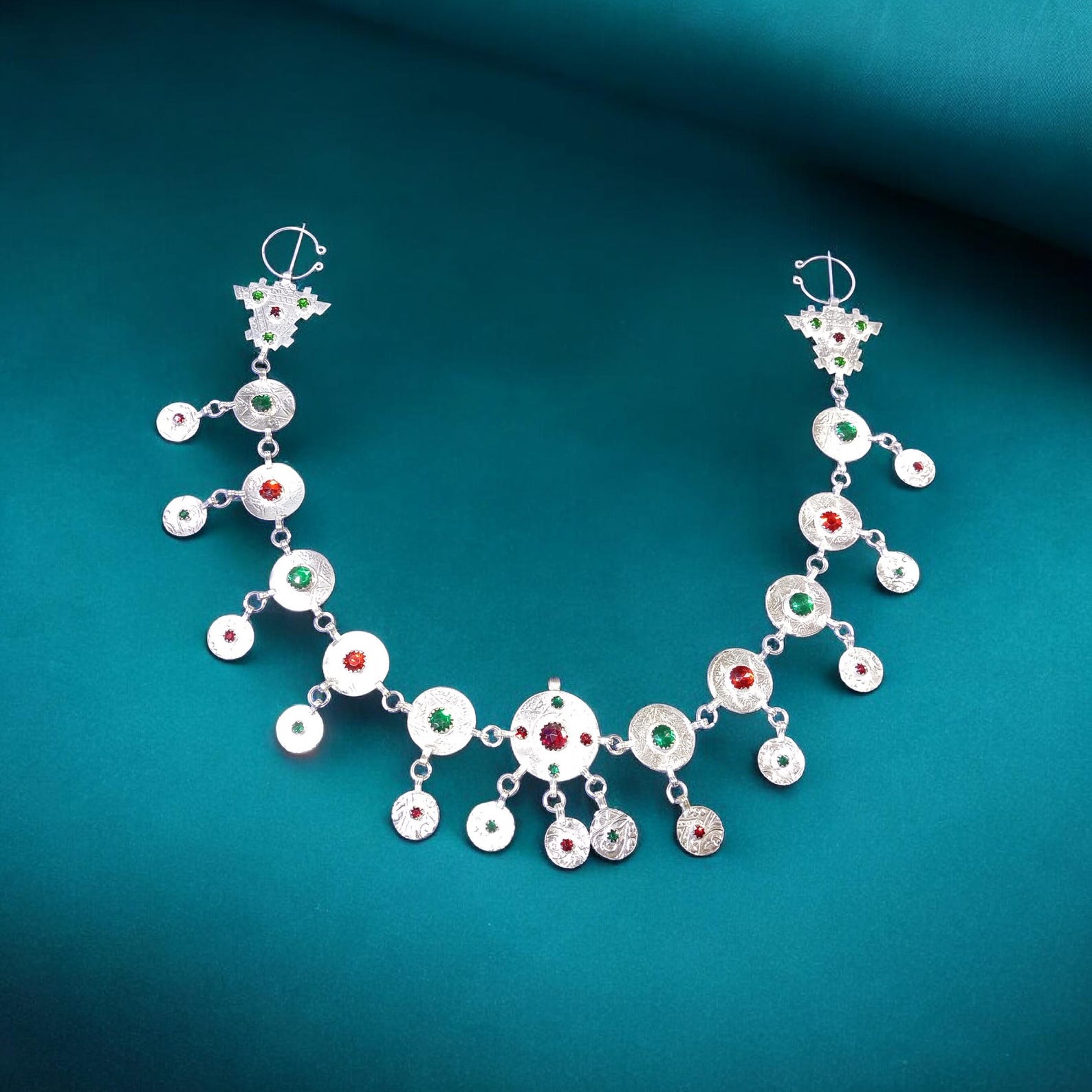 Handmade Amazigh Silver-Plated Necklace with Two Traditional Khelalat Pins