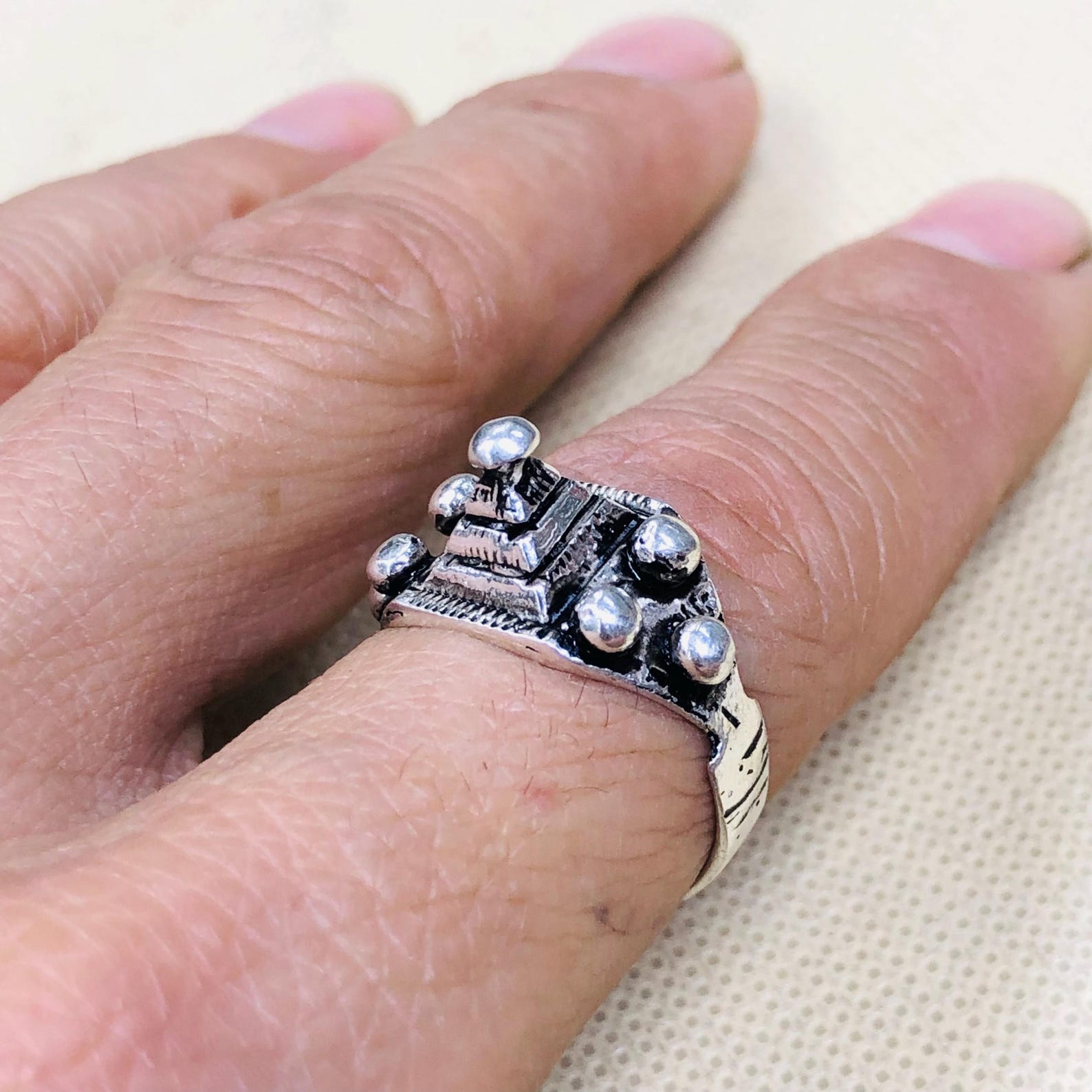 Handmade Amazigh Berber Solid Silver Geometric Pyramid Cone Ring