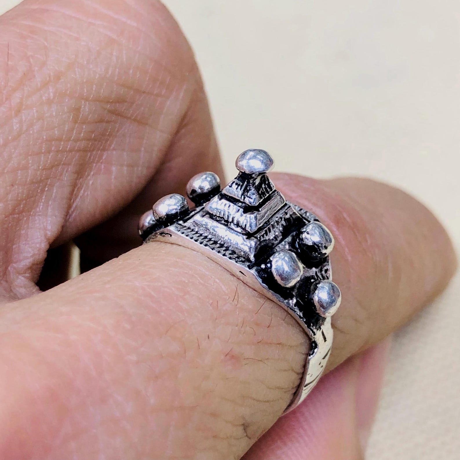 Handmade Amazigh Berber Solid Silver Geometric Pyramid Cone Ring