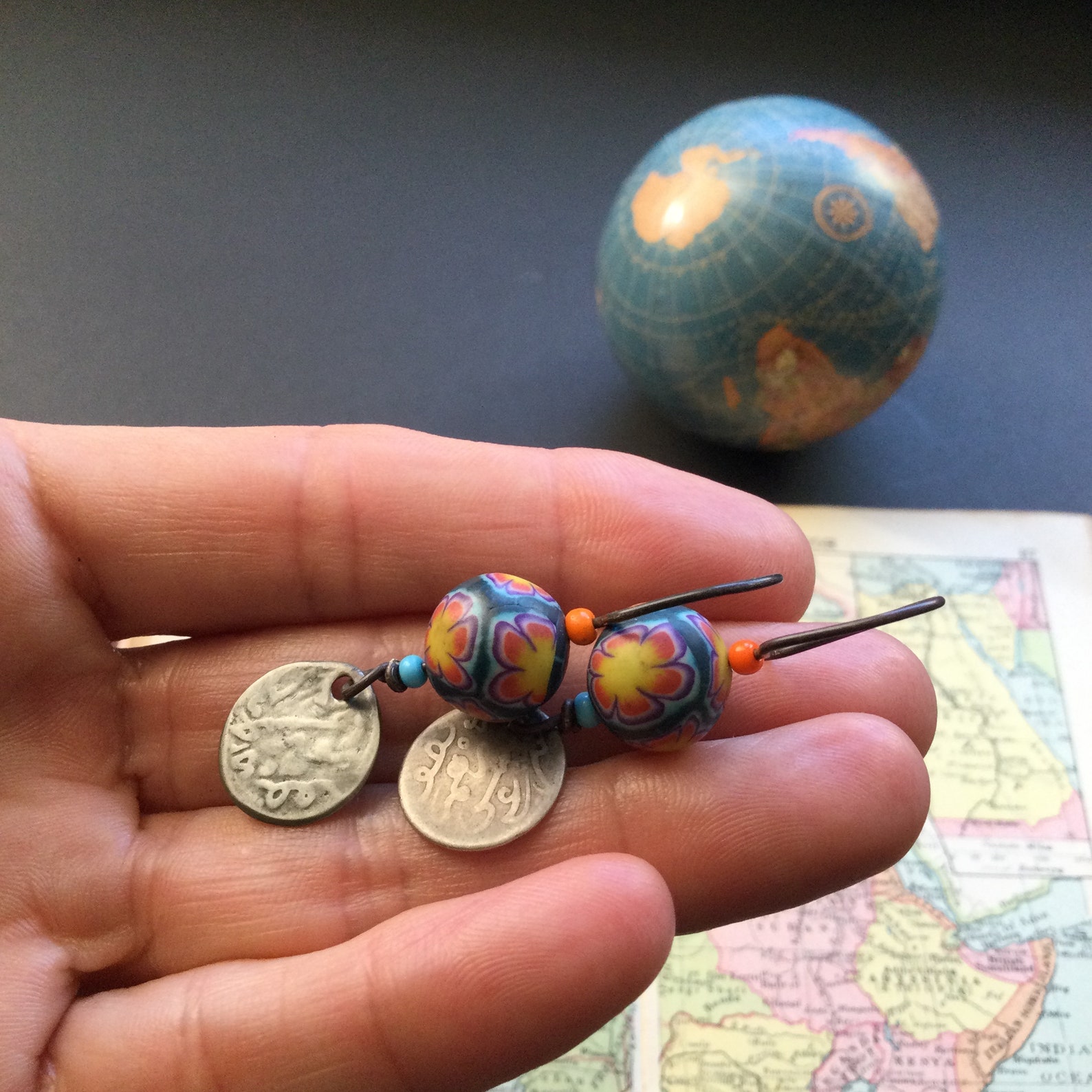 Berber COIN antique coral Venetian beads silver EARRINGS