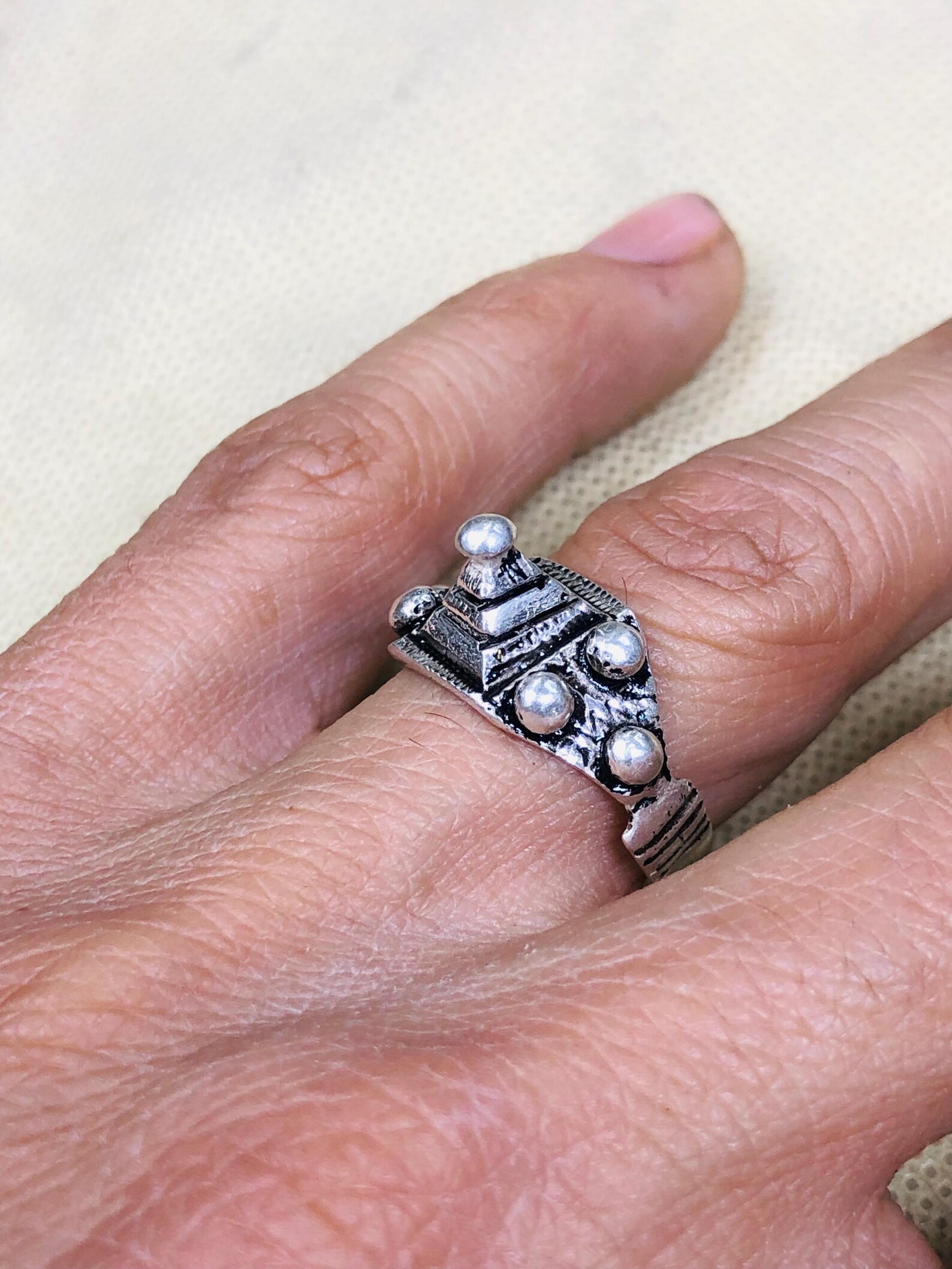 Handmade Amazigh Berber Solid Silver Geometric Pyramid Cone Ring