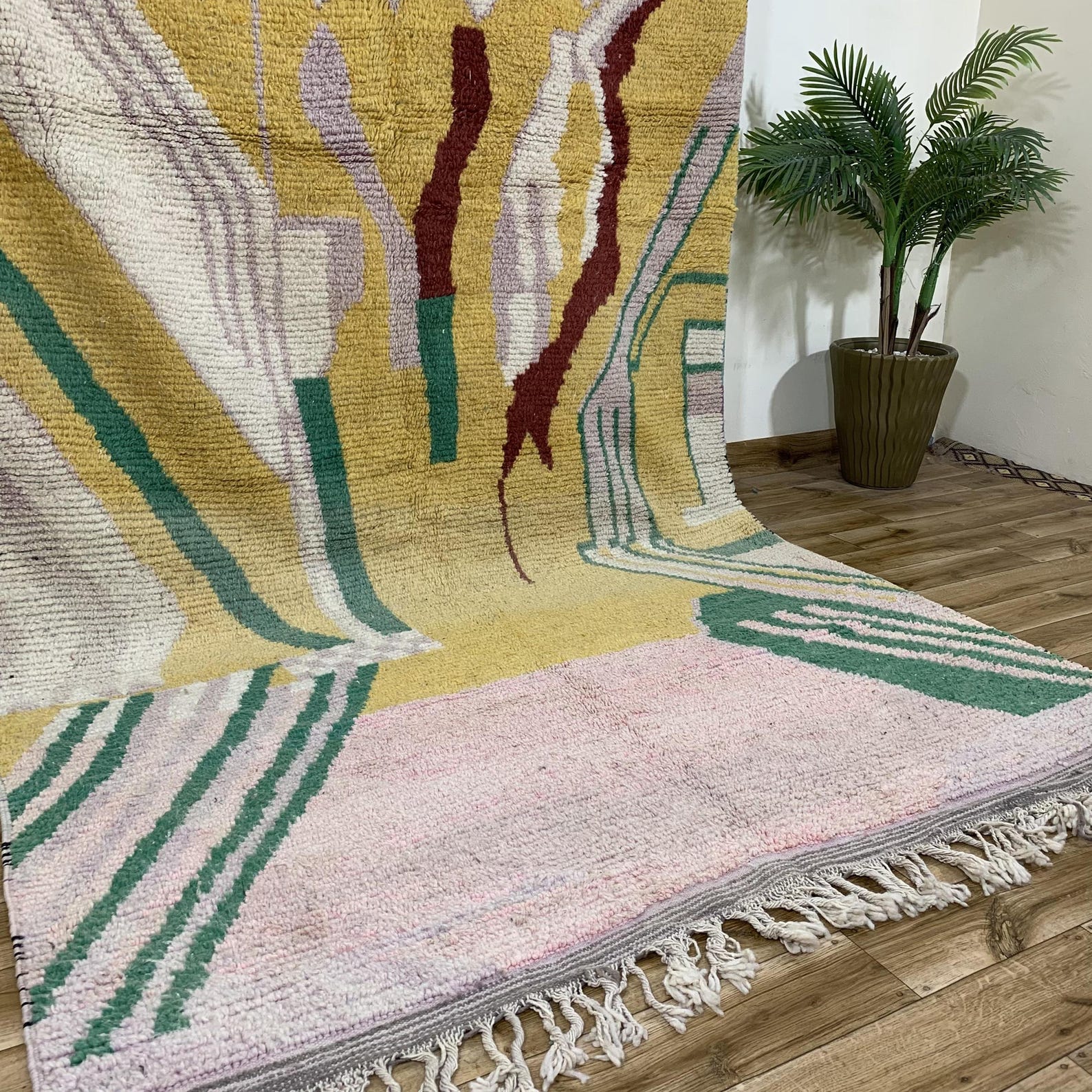 Amazigh Wool Mustard Yellow Cream Abstract Forest Green Rug