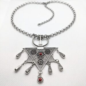 Amazigh Berber Tizerzit Inspired Silver Fibula Red Bead Necklace