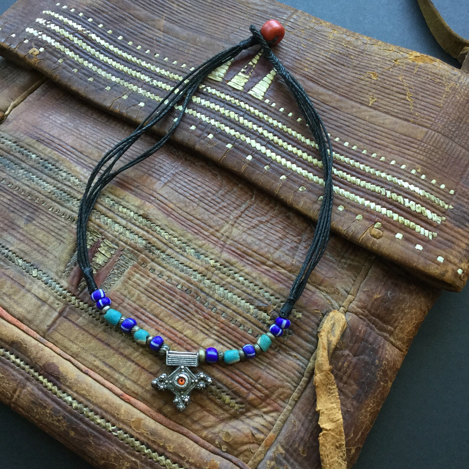 Berber Mauritanian Cross Silver Bead Amulet Necklace Jewelry