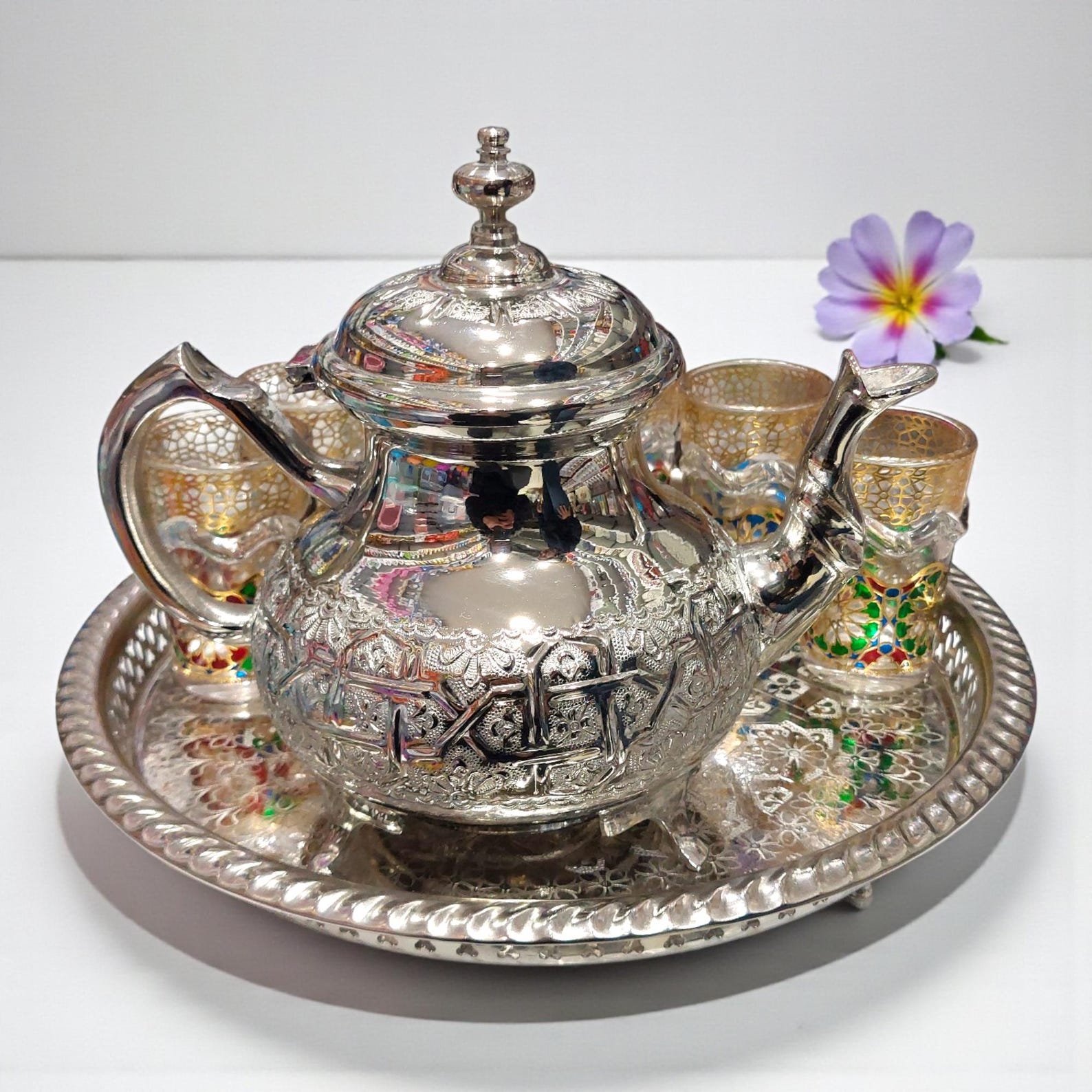Amazigh Silver Tea Set Tray Glasses Handmade Traditional