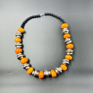 Amazigh Orange Resin Beads Silver-Tone Accents Bold Necklace
