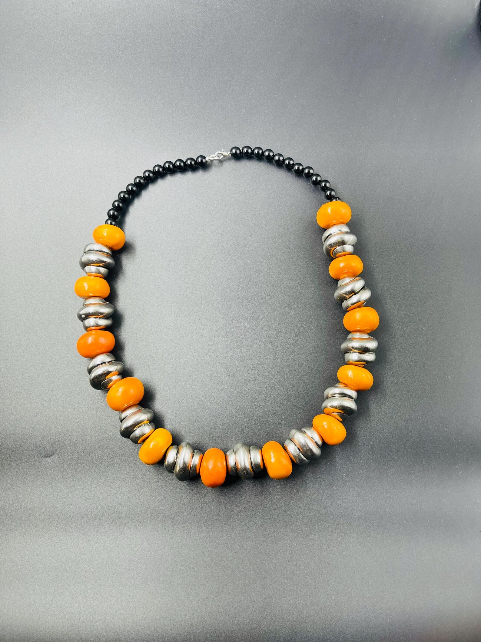 Amazigh Orange Resin Beads Silver-Tone Accents Bold Necklace