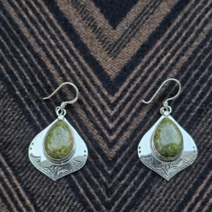 Handcrafted Amazigh Green Stone Engraved Silver-Tone Gemstone Dangle Earrings