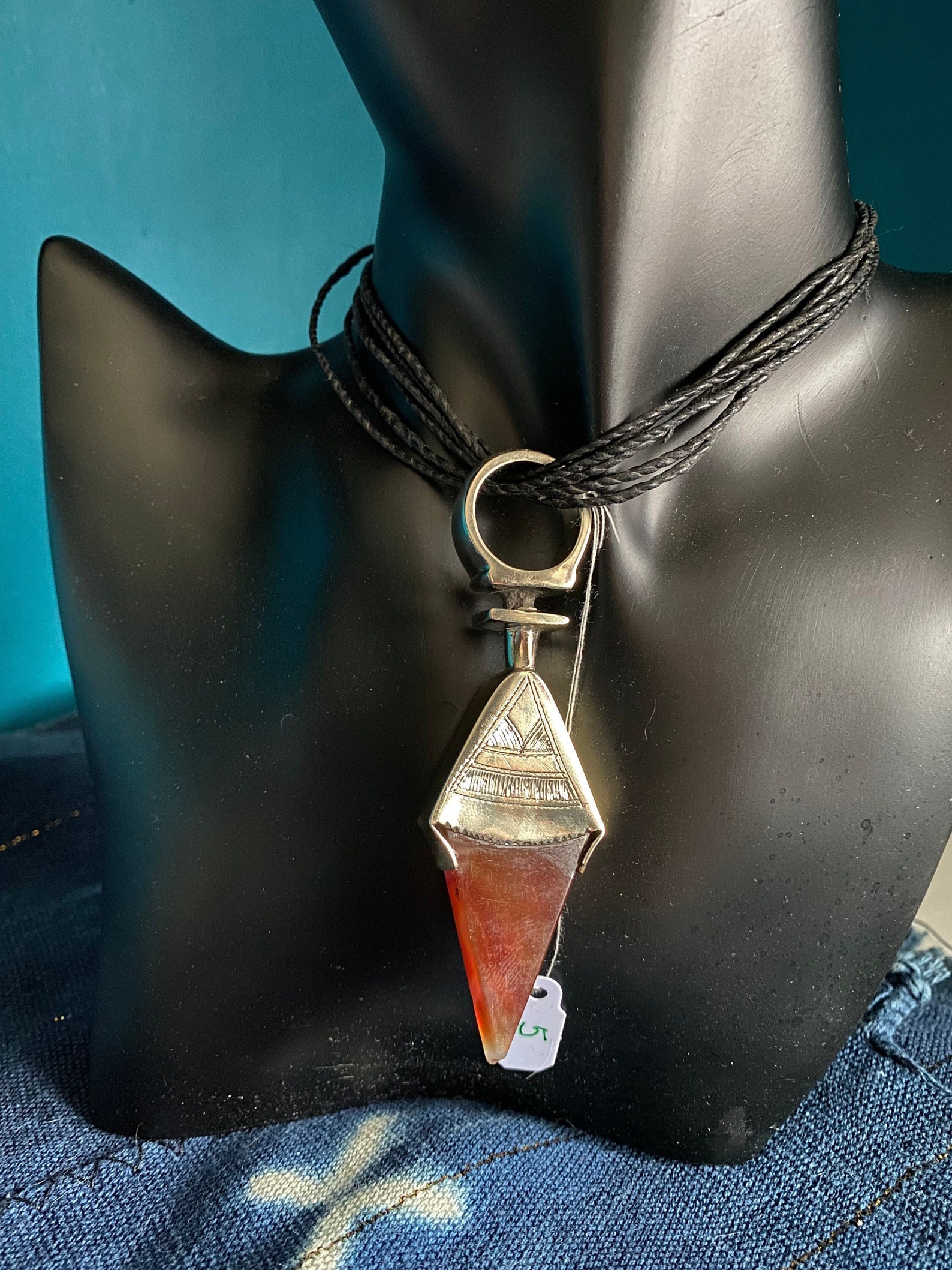 Amazigh Gigantic Carnelian Agate & Silver Tuareg Ring Amulet Hair Ornament Necklace