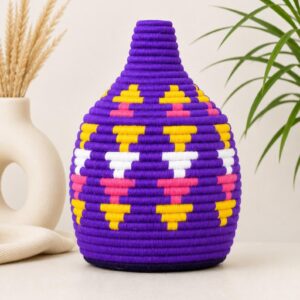 Berber Handmade Woven Palm Basket with Lid and Wool