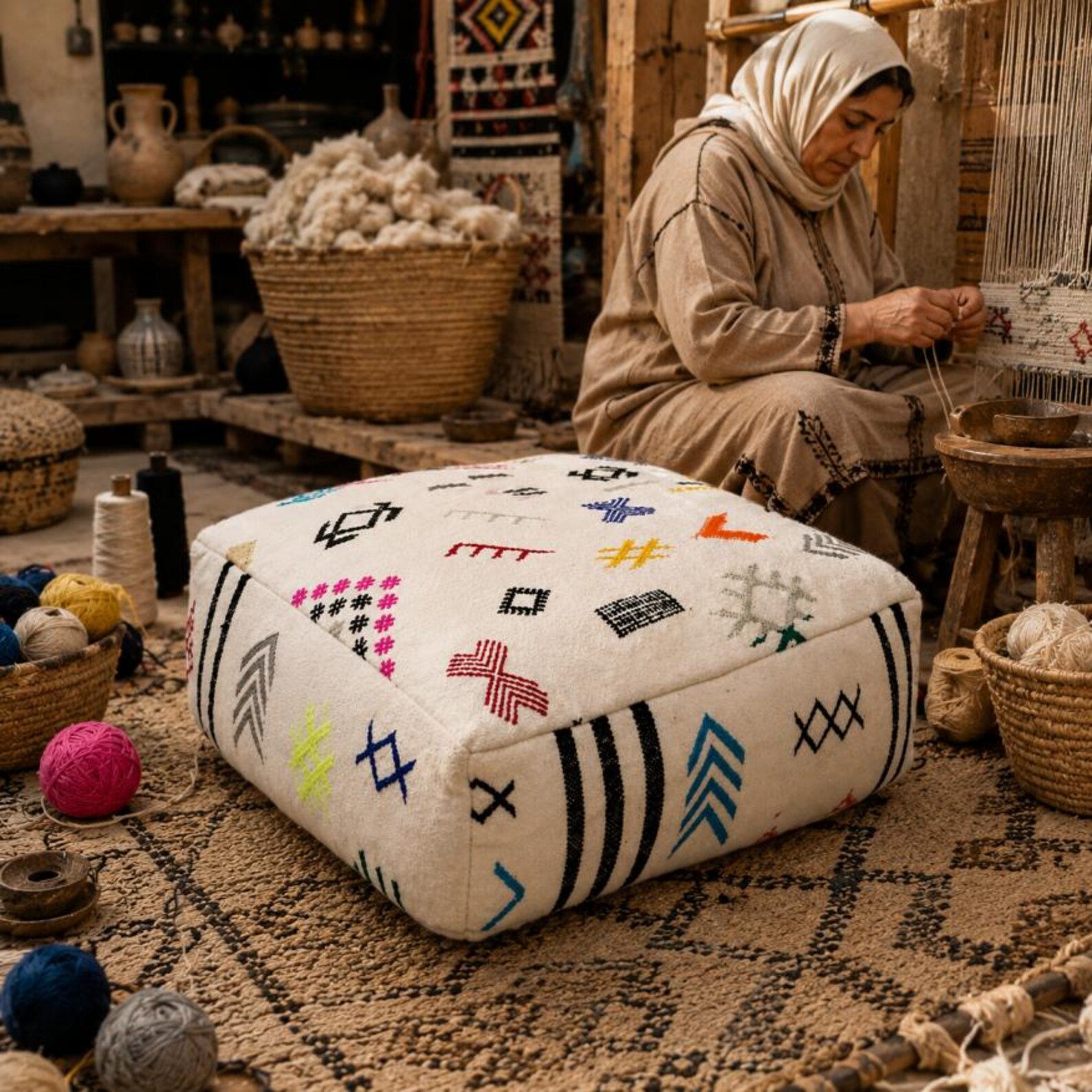 Berber Embroidered Boho Floor Cushion Colorful Tribal Pouf