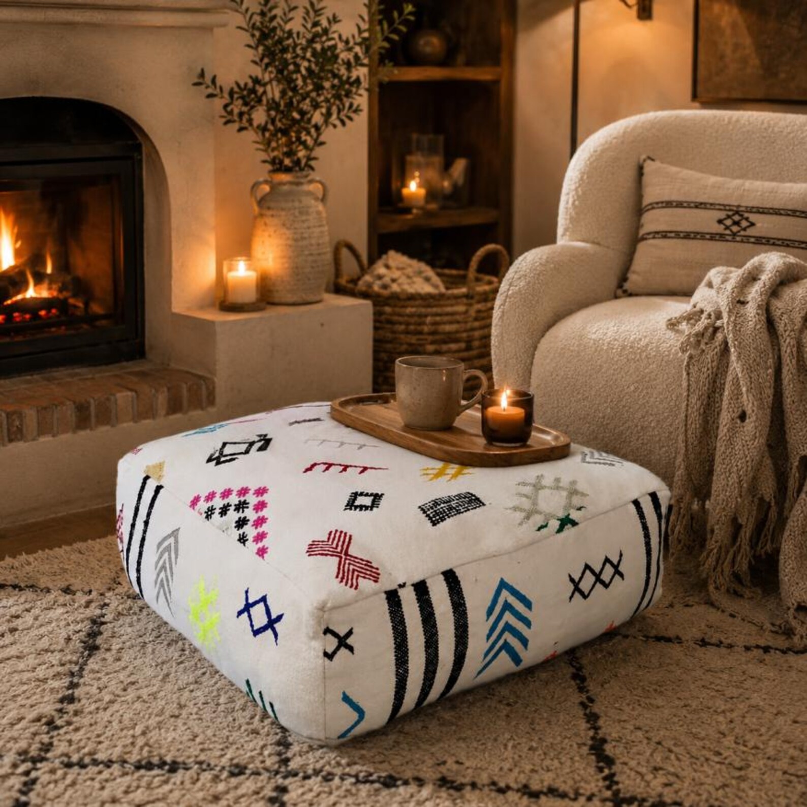 Berber Embroidered Boho Floor Cushion Colorful Tribal Pouf