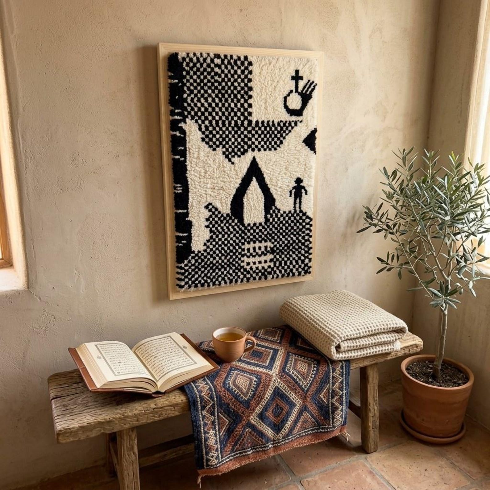 Handwoven Amazigh Berber Wool Rug Wall Tapestry with Tuareg Yaz