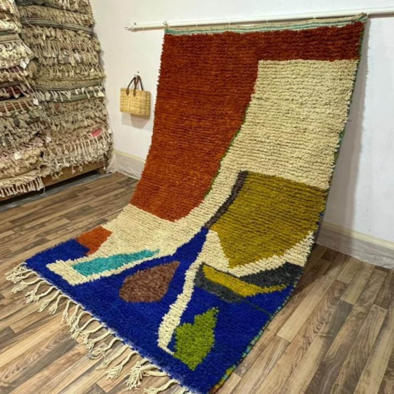 Amazigh Berber Terracotta Blue Handwoven Natural Wool Modern Rug
