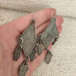 Large Antique Amazigh Berber Chiseled Silver Hamsa Earrings