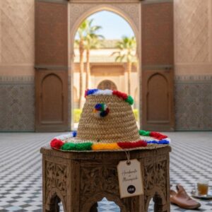 Berber Handmade Traza Straw Hat with Colorful Pom-Poms