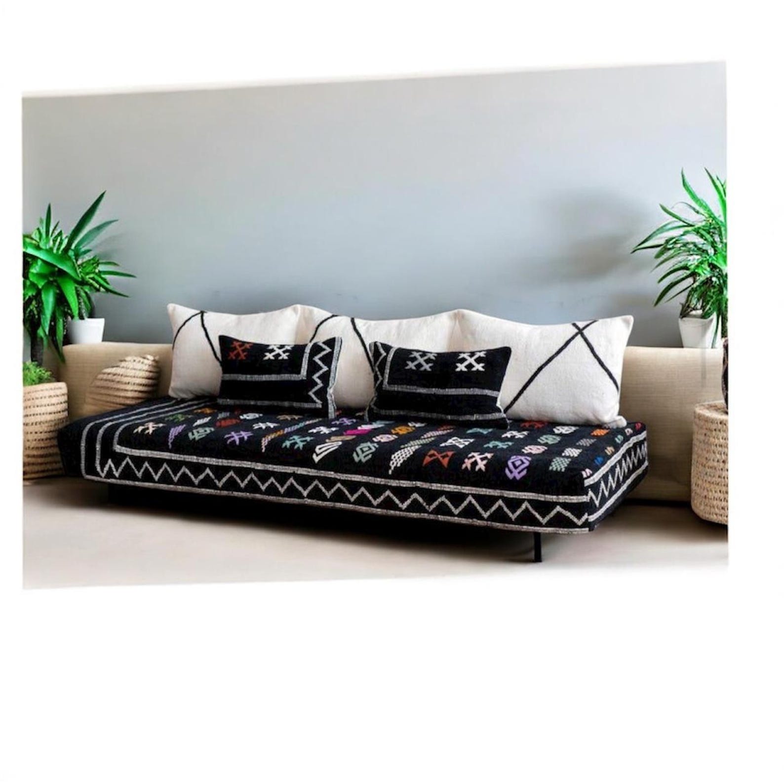 Black Amazigh Hanbel Floor Sofa Colorful Symbol Seating Pouf