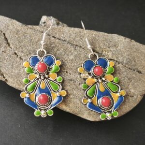 Handmade Amazigh Kabyle Traditional Coral Enamel Stainless Steel Drop Earrings