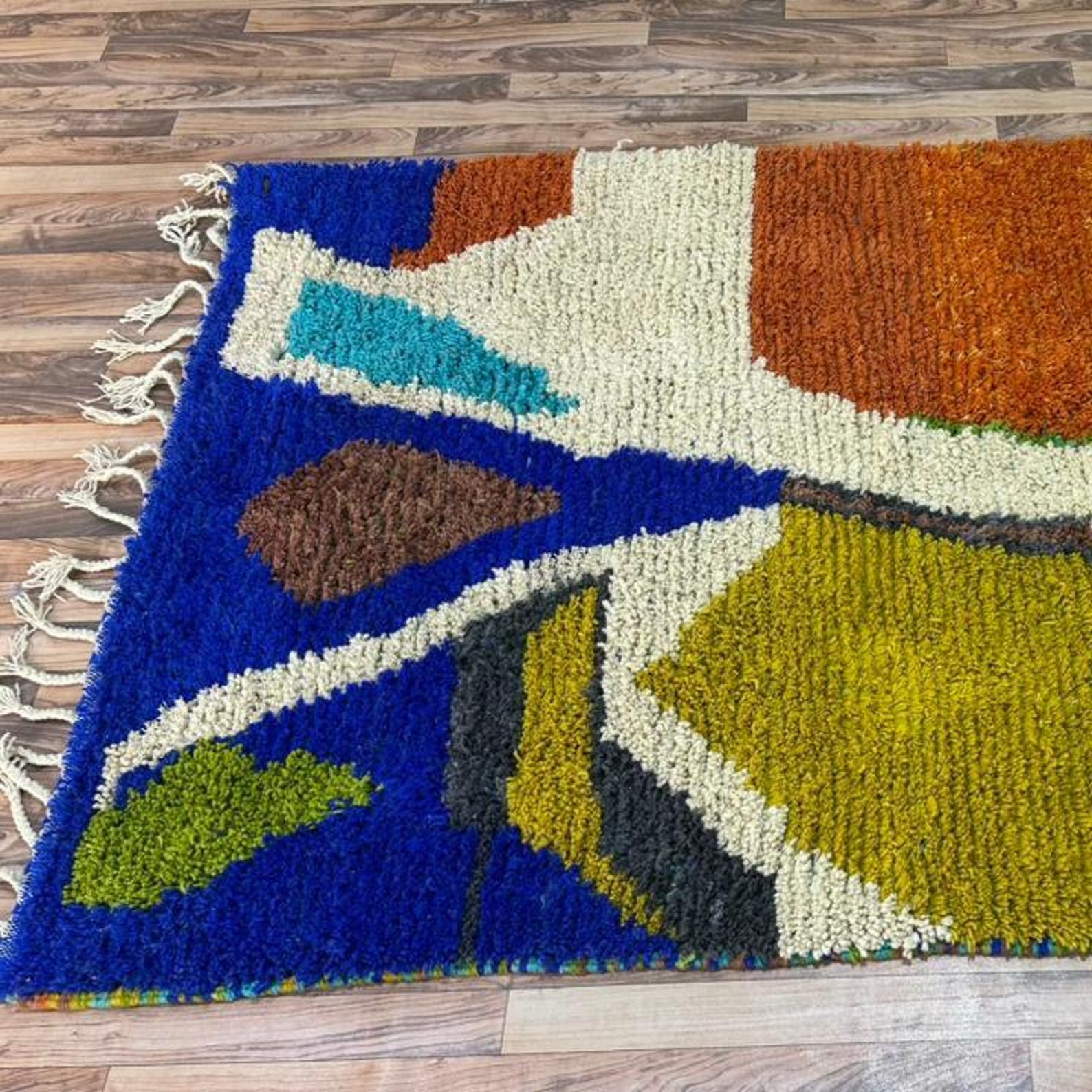 Amazigh Berber Terracotta Blue Handwoven Natural Wool Modern Rug