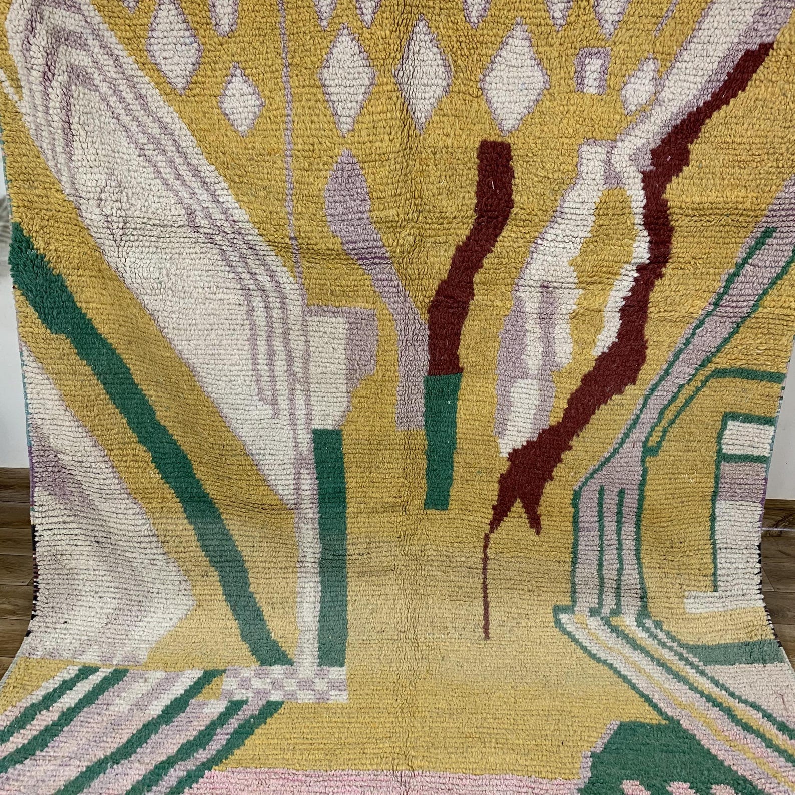 Amazigh Wool Mustard Yellow Cream Abstract Forest Green Rug