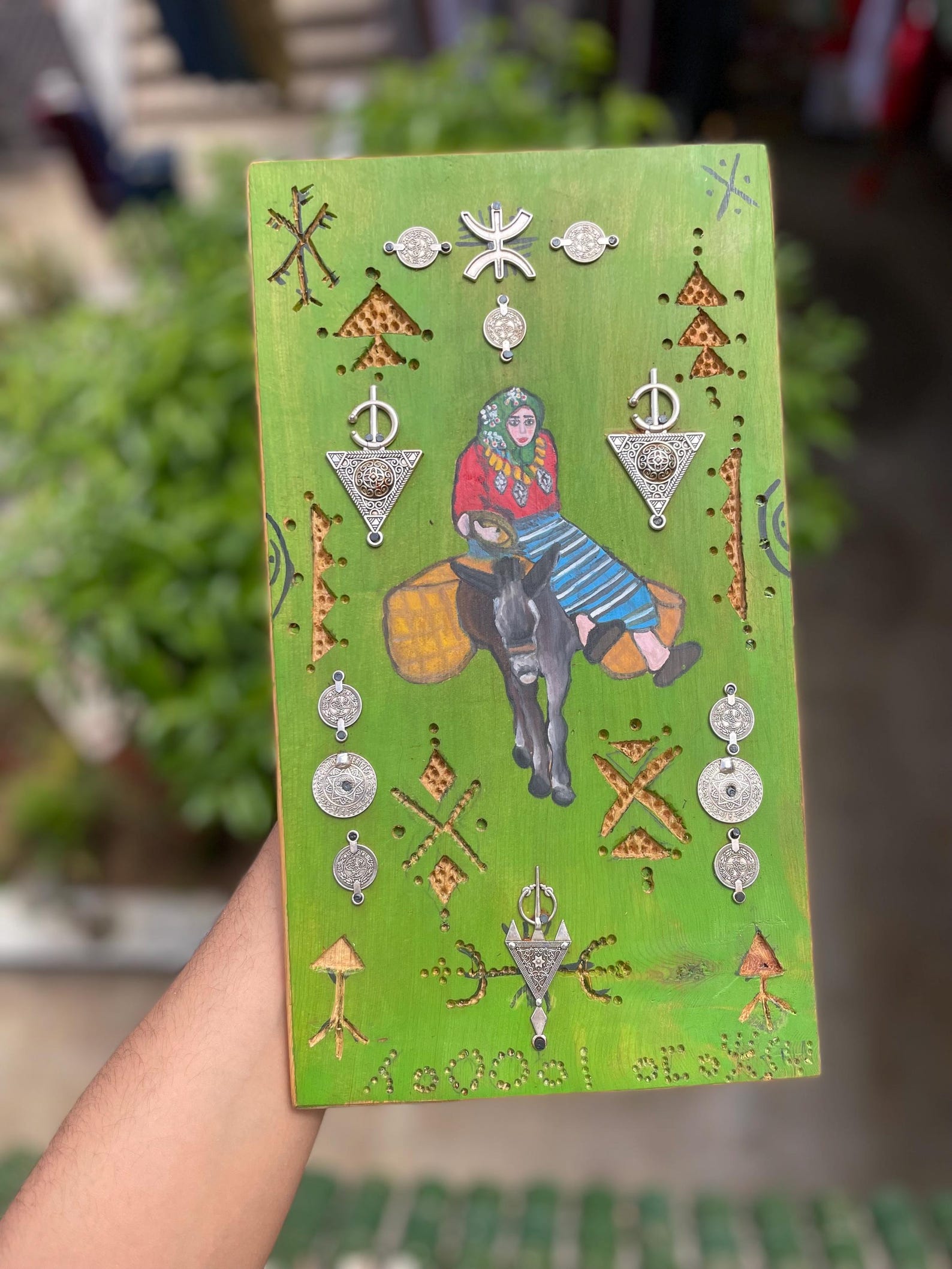 Berber Hand-Painted Wooden Donkey Market Scene Wall Art