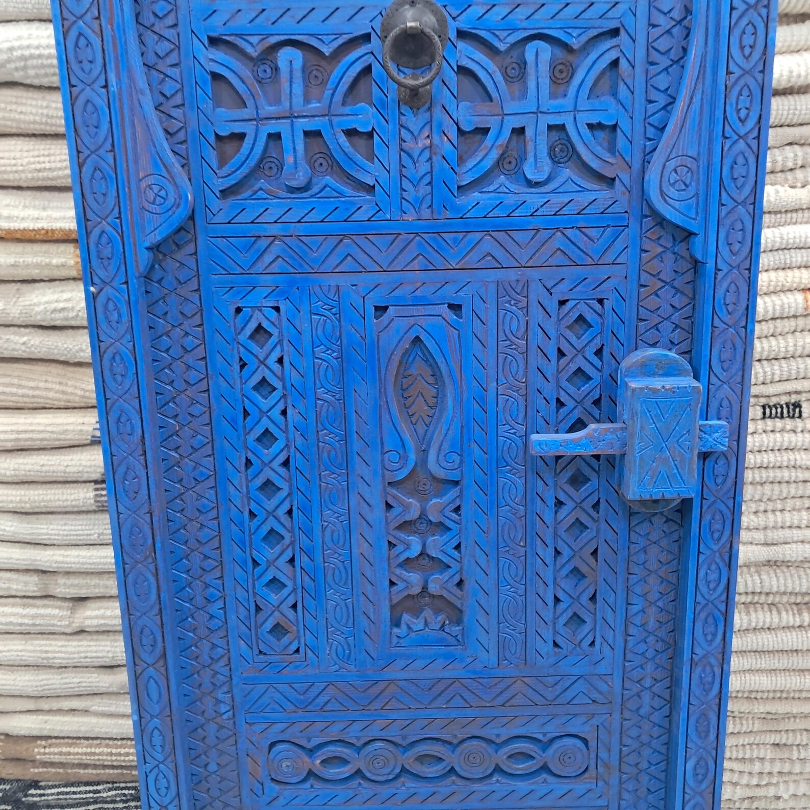 Berber Handcrafted Redwood Door Carved Interior Decor Blue