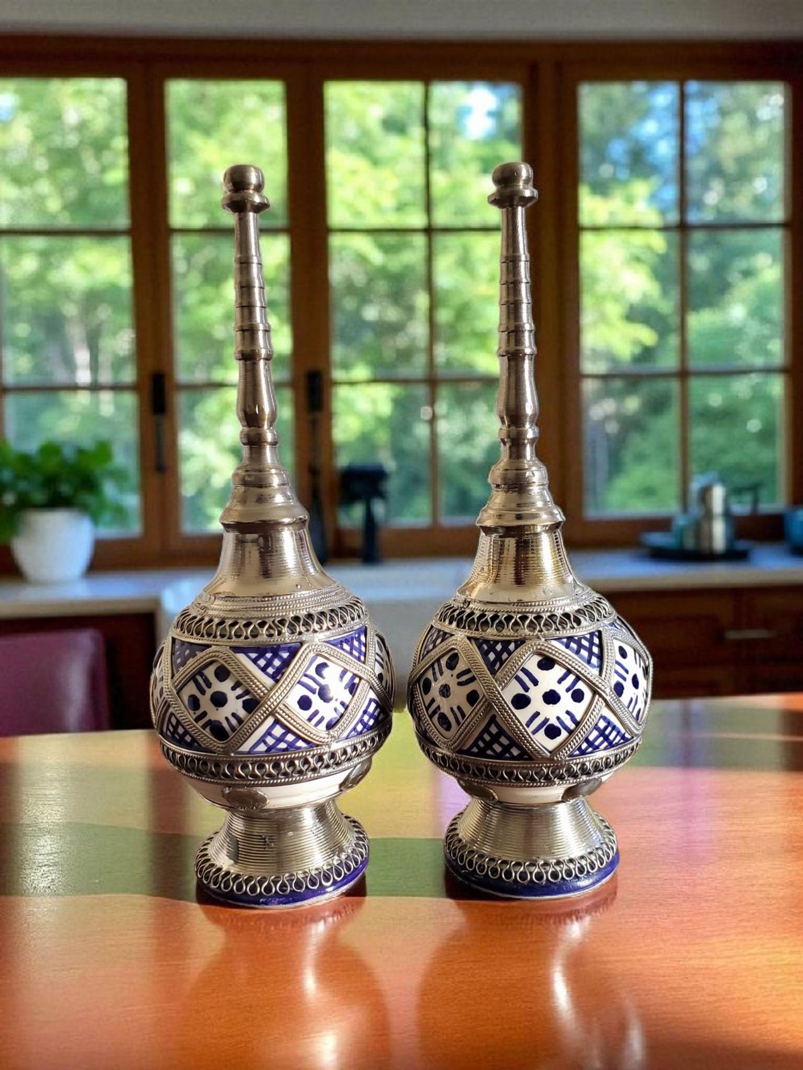 Amazigh White Metal Pottery Perfume Sprayer Set of Two Dispenser
