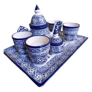 Amazigh Handmade Tea Set Blue White Ceramic Bowl