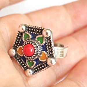 Amazigh Ring in métal argenté émaillé kabyle- - berbère