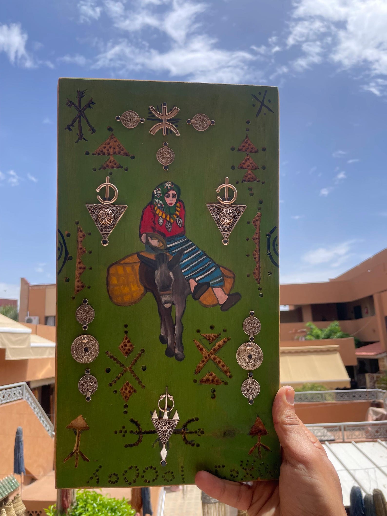 Berber Hand-Painted Wooden Donkey Market Scene Wall Art