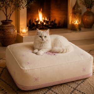 Berber Square Floor Pink Boho Cream Embroidered Pouf